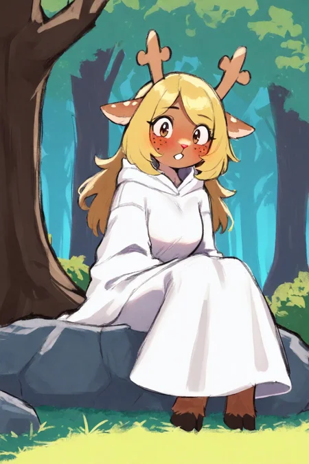 masterpiece, best quality, newest, absurdres, furry female, noelle_hol, deer girl, buck teeth, white robe, hooded robe, hooves, outdoor, forest, looking at viewer, blush, sitting, rock, hooves, brown eyes, freckles,
BREAK
dynamic background,  <lora:Noelle_Holiday_-_Deltarune_IL:1>