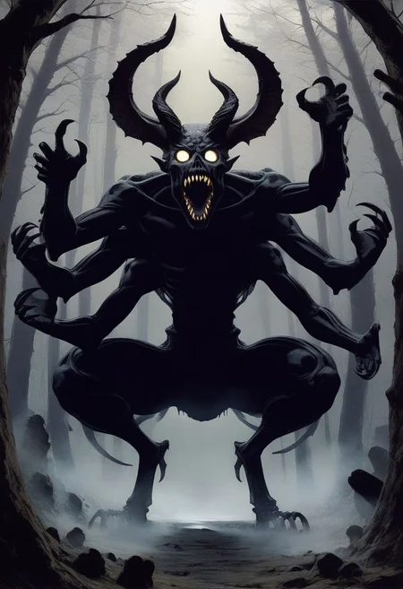 1 creature, dynamic view, 3/4 view, gigant character, dark silhouette, multiple arms, ((multiple horns, numerous horns, multiple large horns, multiple small horns, branching horns, chaotic horns)), ((asymmetrical)), multiple eyes, multiple sharp teeth, open mouth, crouching, reaching towards the ground, skeletal arms, loose flesh
ph4nt0m01l, Trees, fog, high quality, best quality, score: 9, score: 8 up, rating: safe