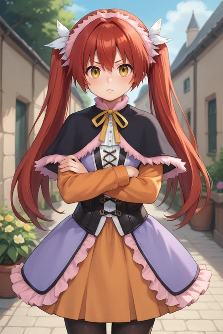 (score_9, score_8_up, score_7_up, score_6_up), source anime, BREAK, <lora:Emilia:0.8> , emidef, 1girl, red hair, long hair, twintails, yellow eyes, pink fur trim, fur-trimmed hairband, fur-trimmed capelet, black capelet, long sleeves, orange sleeves, fur-trimmed dress, (purple dress), (skirt under dress), orange skirt, corset, (layered dress), neck ribbon, black leggings, looking at viewer, tsundere, pout, (cowboy shot), crossed arms, BREAK, <lora:zy_Detailed_Backgrounds_v1:0.3> , detailed background, highly detailed, exterior, garden, courtyard, scenery, flowers, <lora:SnowStylePonyXL:0.8>