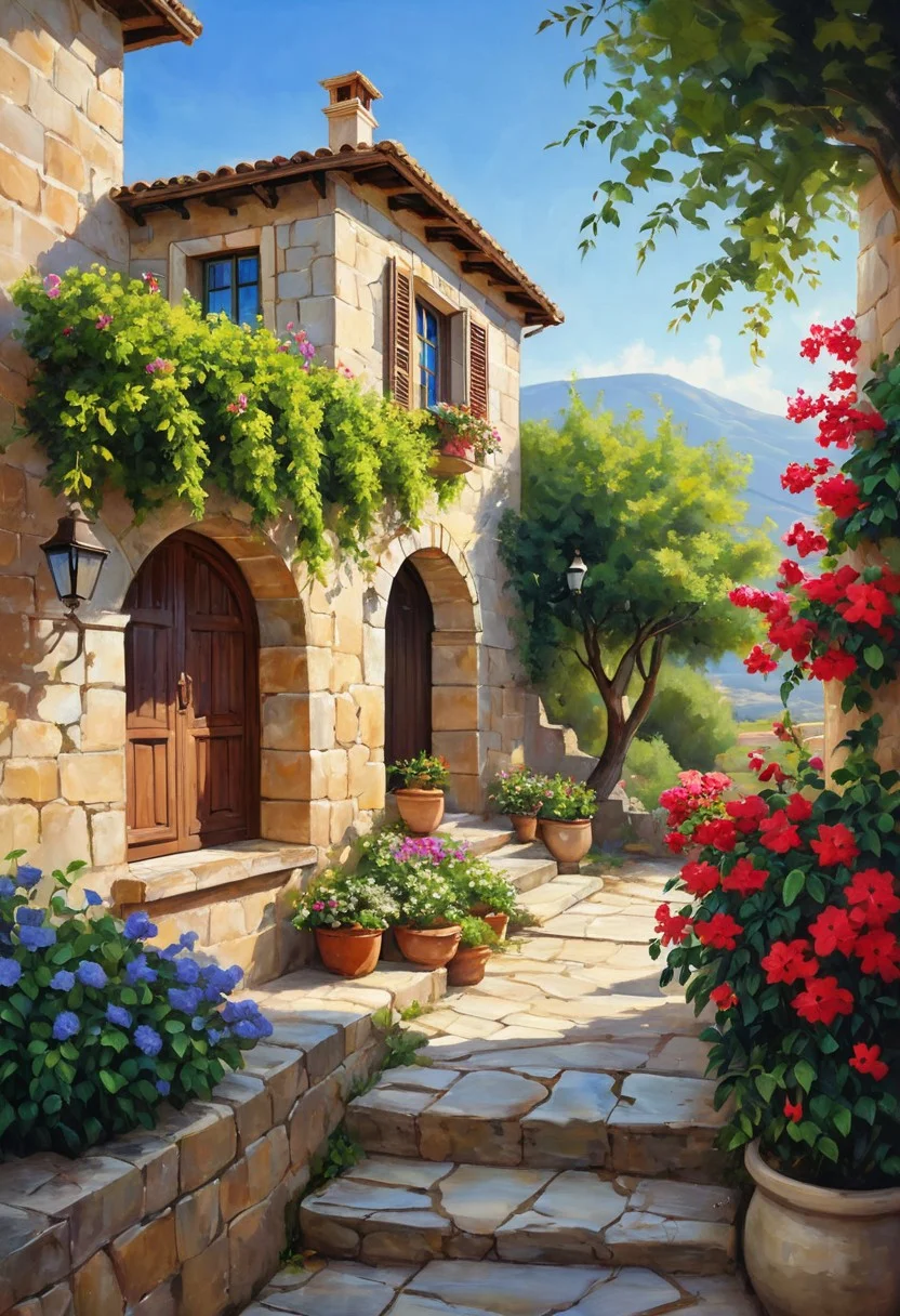 (masterpiece, best quality:1.5), art, oil painting, best quality, high-resolution image of a traditional Mediterranean stone house, the house is built with rustic weathered stone walls and features a red terracotta tiled roof, wooden shutters on the windows, and a charming arched doorway on top of a stone staircase, natural stone, potted plants, the front yard is adorned with vibrant bougainvillea and lush greenery, a stone-paved pathway leads to the entrance, surrounded by olive trees and blooming flowers, the backdrop includes a clear blue sky and distant rolling hills, capturing the warm and inviting ambiance, detailed digital painting, hauntingly beautiful ambiance, contrasting shadows, extremely detailed