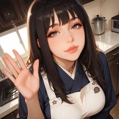 masterpiece, best quality, (score_9, score_8_up, score_7_up), perfect eyes, solo, 1girl, asian, milf, witch, mommy look, long straight dark hair, soft dark eyes, apron only, looking kind, looking up at viewer, indoor, kitchen, golden hour, waving hand, dutch angle, body shot, dramatic lighting