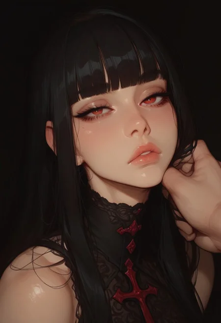 (score_9, score_8_up, score_7_up), 1girl, 20 years old, black hair, slim, straight hair, blunt bangs, hair over one eye, long hair, red eyes, choker, (bored eyes:0.9), scornful look, face, neck, portrait, close up, extreme closeup, black background,facegrab,light-skinned male