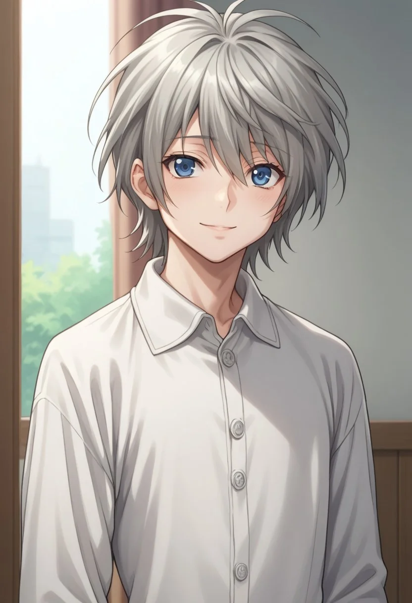 score_9, score_8_up, score_7_up, source_anime, highly detailed,
shiina, solo, blue eyes, male focus, 1boy, upper body, grey hair, standing, long sleeves, looking at viewer, blue eyes, smile, shy,
indoor, pajama shirt,