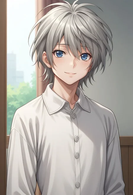 score_9, score_8_up, score_7_up, source_anime, highly detailed,
shiina, solo, blue eyes, male focus, 1boy, upper body, grey hair, standing, long sleeves, looking at viewer, blue eyes, smile, shy,
indoor, pajama shirt,