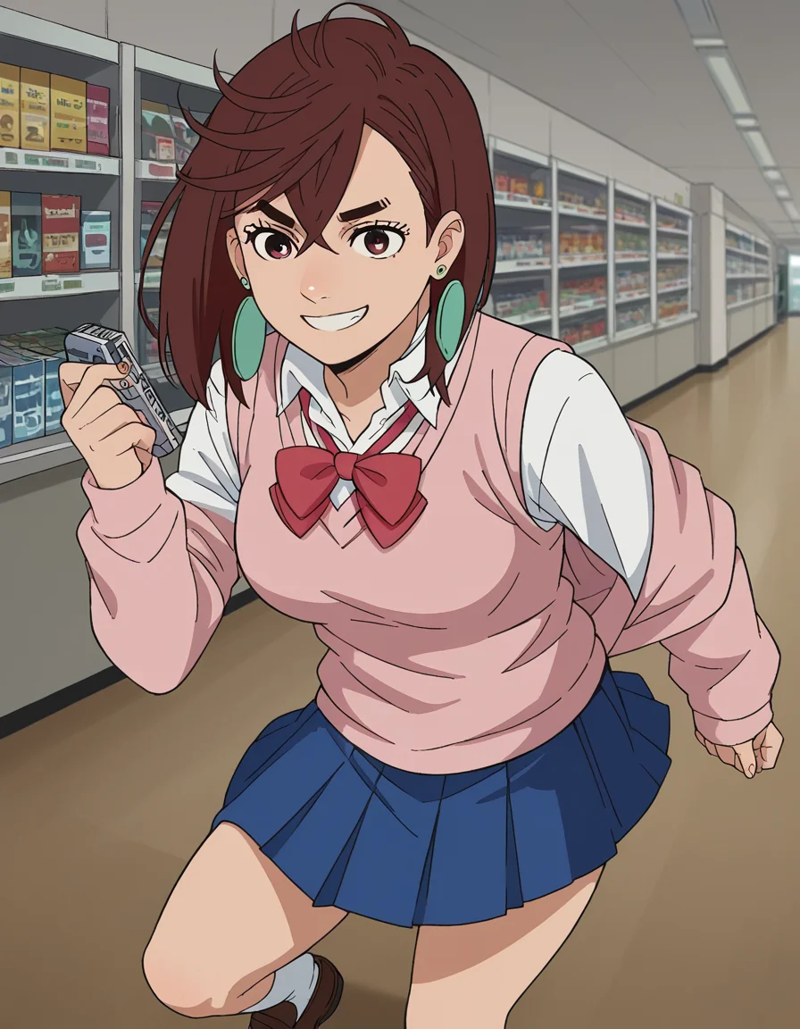 score_9, score_8_up, score_7_up, source_anime, <lora:momo-ayase-alpha-s1-ponyxl-lora-nochekaiser:1>, momo ayase, short hair, brown hair, brown eyes, bangs, thick eyebrows, medium breasts, skirt, school uniform, pleated skirt, shoes, socks, loafers, sweater vest, pink sweater, shirt, white shirt, collared shirt, earrings, green earrings,, music store, browsing records, headphones, vinyl collection, nostalgic, , , smile, solo,, cowboy shot, dutch angle