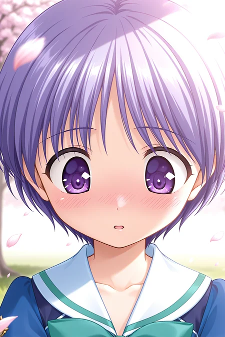 masterpiece, best quality, absurdres, official art, official style, rating general BREAK <lora:tachibanachihiro_IL_v1-3:0.7>, tachibana chihiro, 1girl, solo, purple eyes, light purple hair, short hair, bangs, flat chest, winter uniform, school uniform, serafuku, sailor collar, white sailor collar, green bowtie, blue jacket, emblem, collarbone, upper body, portrait, close-up, outdoors, sunlight, nature, day, tree, flower, cherry blossoms, petals, grass, glowing on backlight, blurry, depth of field,
blush, :o, looking down, nose blush, open mouth, parted lips, shy, wide-eyed