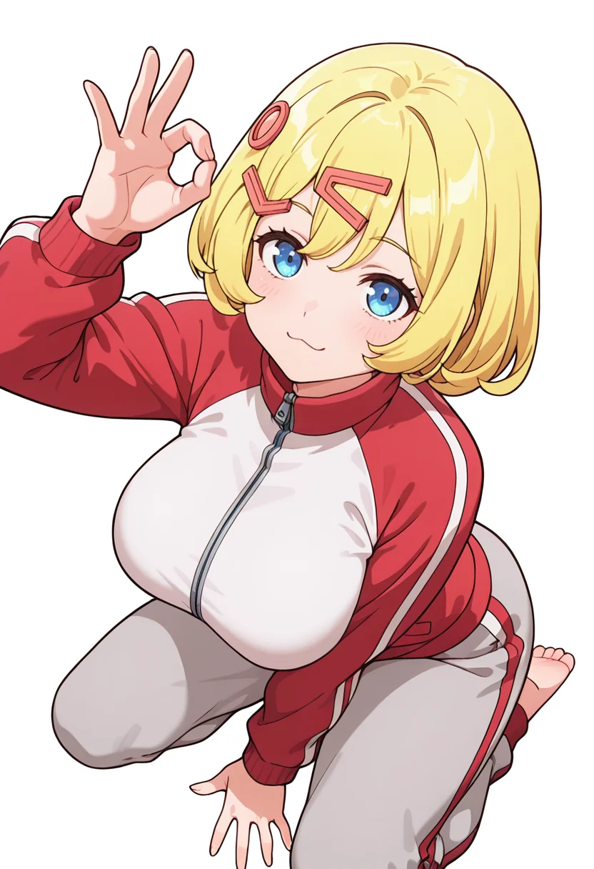 Smooth Quality,masterpiece,very intricate, high quality details, ultra realistic, high detailed skin,detailed enviorement,absurdres,
ok sign ,solo,
 <lora:Esyne_CNR:0.8> esyne_cnr, blue eyes, blonde hair, short hair,large breasts, hair ornament, hairclip,, simple background, white background, from above,
kneeling pose, one hand on the ground, other hand reaching forward, focused gaze, tense muscles,  ,, :3,, cardigan,  ,track jacket, ,sweatpants,  ,