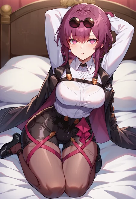 score_9, score_8_up, score_7_up, uncensored, source_anime, 1girl, <lora:sphsrKafkaXLPony:1> kafkerdef, earrings, eyewear on head, sunglasses, white shirt, black jacket, long sleeves, purple gloves, shorts, pantyhose, thigh strap, black footwear, seiza, kneeling, arms behind head, bed, wide hips, thick thigh, looking at viewer
