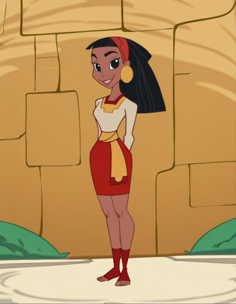 <lora:MalinaIllustrious1.0JLFO:1> malina, black hair, dark skin, jewelry, earrings, long hair, 1girl, black eyes, hairband, solo, white shirt, skirt, shirt, looking at viewer, full body, outdoors, smile, arms behind back, red footwear