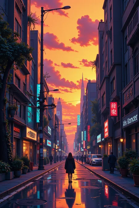 a cyberpunk futuristic street beautiful  landscape, morning, woman, very intricate, very detailed, sharp, bright, colorful, <lora:Hand v2:0.5> <lora:Anti-Blur:1><lora:Insane Detail Slider:0.25>  <lora:flux.1_lora_flyway_Epic-detail_v2:0.3> <lora:fluxenhancer:0.25> <lora:Anime_style:0.6> anime style