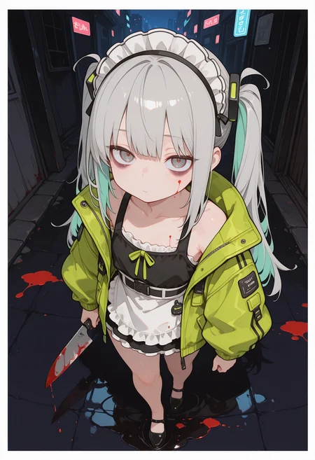 masterpiece, best quality, good quality, newest, highres, absurdres,
1girl, solo, matured woman,
walking , looking at viewer, ((focus on face)), face focus,
grey hair, long hair, twintails, hair ornament, colored inner hair,
bags under eyes,
holding blood stained knife,
oversized neon green jacket, black short tank top,
long victorian maid skirt,
flat chest, chubby, ((chubby thick legs)),  [[[[skinny stomach]]]],
black pumps, no socks,
night, city alley, ((dynamic perspective)), dutch angle, ((from above)), fisheye lens, (close up), full body shot,
background with thick white border, puddle of blood , reflection, blood stained clothes,
S4bit4mago_illu, detailed, h4ra_illu, momosp,
<lora:sdxl_turbo_weghts_beta_v0_1_0:0.3>
<lora:MomoSweetSpaceILL:0.6>
<lora:hara_id_21:0.4>
<lora:S4bit4mago:0.85>
<lora:NOOB_vp1_detailer_by_volnovik_v1:0.45>
<lora:Detailer_NoobAI_Incrs_v1:0.6>
<lora:rupetan:0.5>