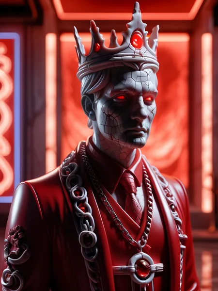 a close up of a statue with a neon light behind it, ash thorp, modern occultist, cinematic red lighting, crown of snakes, character design, chains and (red fluid background:0.7), cinematic still frame, redshift, the king of death, nether, <lora:ral-porcelain-sdxl:1> ral-porcelain
