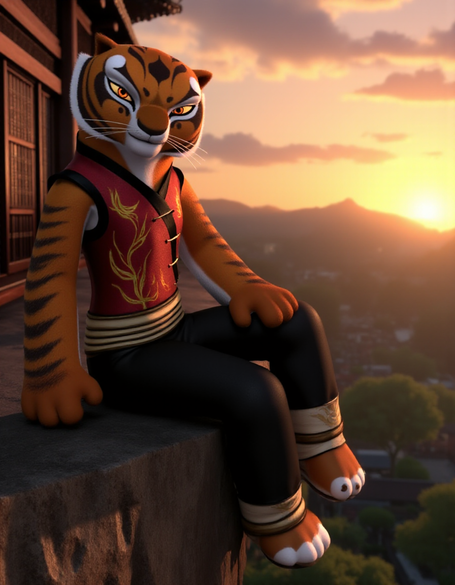 <lora:Flux_Tigress_4:1> An extremely detailed CGI Picture featuring Master_Tigress, wearing a red qipao and black silk pants, she is sitting on a ledge of a cliff overlooking a valley. East asian architecture, sunset with scattered clouds, it's a closeup as she looks at the viewer with a slight smile,  her legs are spread invitingly, one hand placed on her thigh.