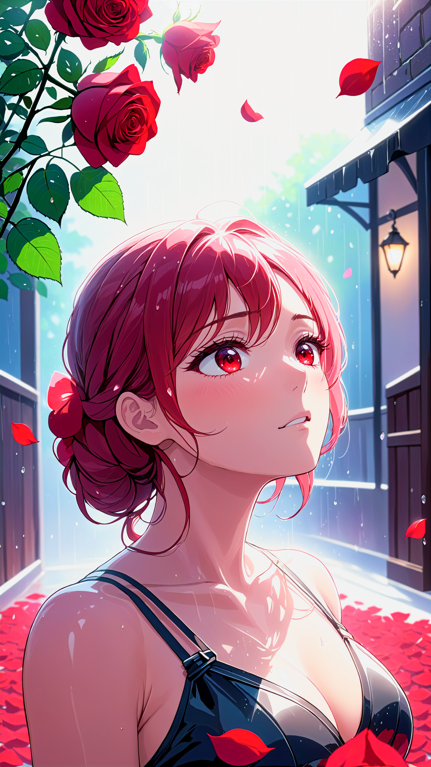 <lora:xl_yamer_style-3.0:1>, 1male, muscular, ((rose)), (vine), cage, bandage, red rope, (detail light), falling rose petals, gorgeous eyes, detailed face, pouring rain, outdoors, global illumination, subsurface scattering