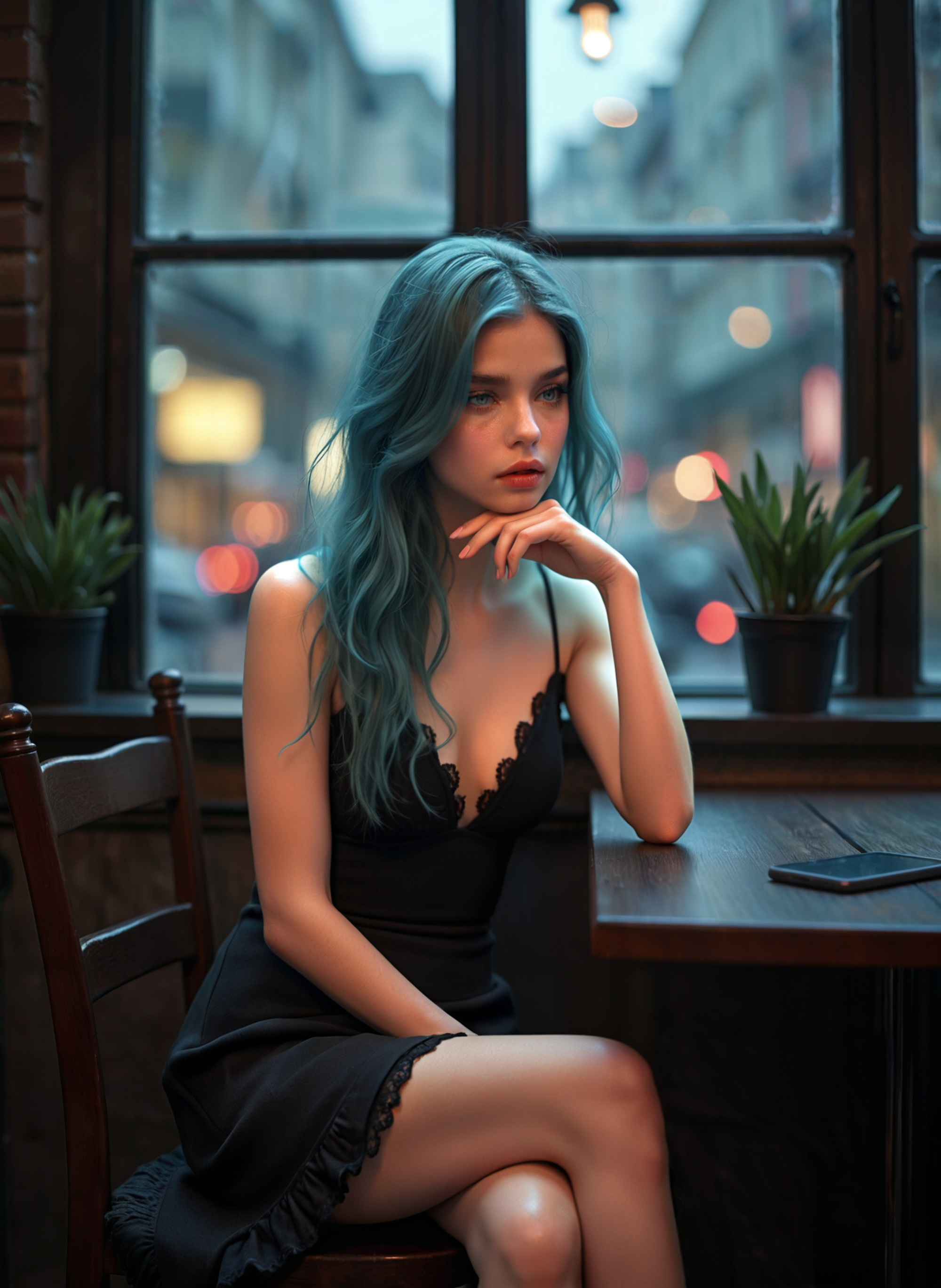 Photograph of a young woman sitting at a wooden table in a cafe or restaurant. She is wearing a black sleeveless dress and has long, wavy blue hair that is styled in loose waves. She has a thoughtful expression on her face and is resting her chin on her hand, as if she is deep in thought. The background shows a window with a view of a city street at night, with buildings and cars visible through it. There are two potted plants on the windowsill and a lightbulb hanging above the table. The overall mood of the image is contemplative and contemplative. <lora:add-detail-xl:.5>  <lora:Flux-style-xl-lora:.5>