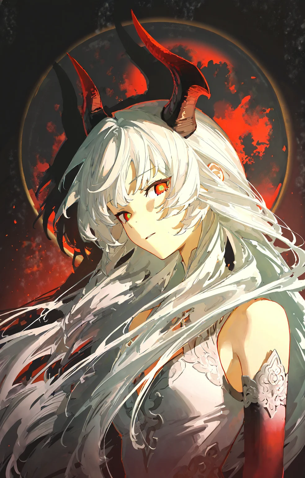 1girl,solo,(silvery white hair:1.3),very long hair,(Black-to-Red Gradient Demon Horns:1.5),(flat chest:0.6),curved forward Horns,(white sleeveless dress:1.2),white lace gloves,(beautiful_detailed_eyes:1.1),(Dragon Eyes:1.2),(red_eyes:1.1),black_pupils,contempt,sideways_glance,light leaks,Cinematic Lighting,from_side,portrait,hyperdetailed,best quality,masterpiece,absurdres,wallpaper,faux_traditional_media,<lora:rafaelaaa:0.8>,