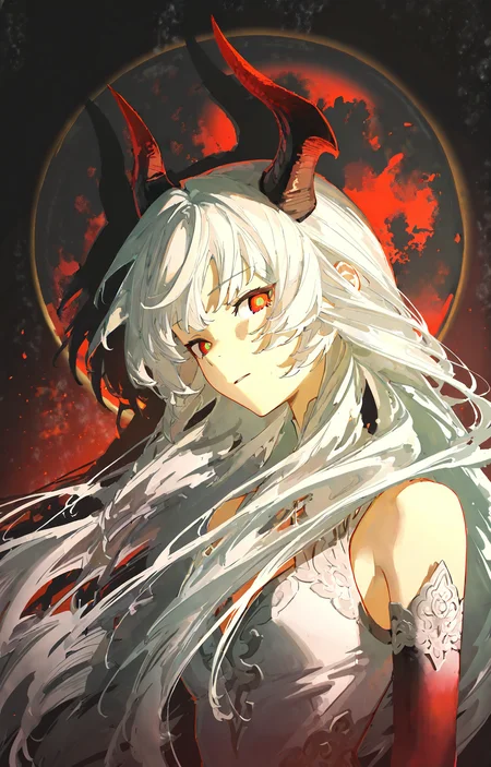 1girl,solo,(silvery white hair:1.3),very long hair,(Black-to-Red Gradient Demon Horns:1.5),(flat chest:0.6),curved forward Horns,(white sleeveless dress:1.2),white lace gloves,(beautiful_detailed_eyes:1.1),(Dragon Eyes:1.2),(red_eyes:1.1),black_pupils,contempt,sideways_glance,light leaks,Cinematic Lighting,from_side,portrait,hyperdetailed,best quality,masterpiece,absurdres,wallpaper,faux_traditional_media,<lora:rafaelaaa:0.8>,