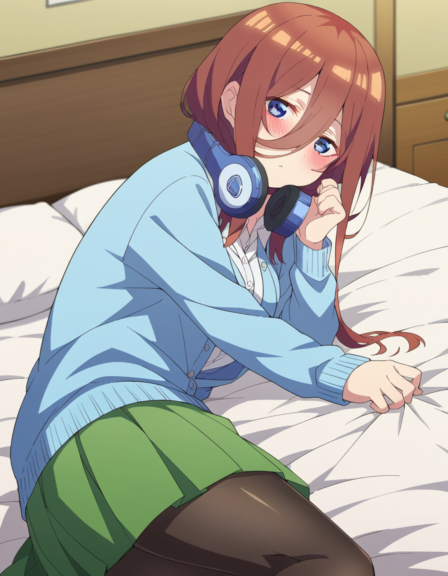 score_9, score_8_up, score_7_up, source_anime,
mikunakano, <lora:miku-nakano-s2-ponyxl-lora-nochekaiser:1>, 
miku nakano, long hair, bangs, blue eyes, brown hair, shirt, hair between eyes, headphones, cardigan, headphones around neck,
skirt, shirt, long sleeves, white shirt, pantyhose, pleated skirt, black pantyhose, cardigan, green skirt, blue cardigan,
indoors, bed, bed room, on side, blush, drunk,
looking at viewer, cowboy shot, dutch angle, solo,