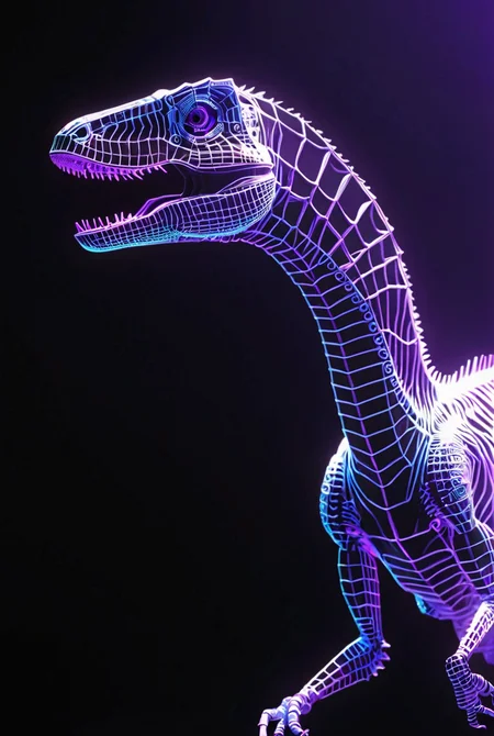 Digital Dinosaur, aqua wireframe of Velociraptor, vhs grain, navy lighting, purple reflections, CRT grain, white noise glitch, lineart
[reflections, vibrant lighting, realistic, high quality photo, 4k, hd,  7-RetroDigital, ]
<lora:xl_more_art-full_v1:0.3> <lora:add-detail-xl:0.4>  <lora:Retro Digital v1.0:1>
