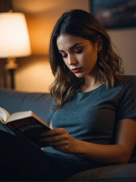 A dynamic cinematic photograph of Brett_Bowles_P_MXAI_SDXL , wearing comfortable clothes, sitting on a couch, reading a book, shadows, relaxed, elegant,, SK_CINEMATIC, ziprealism
