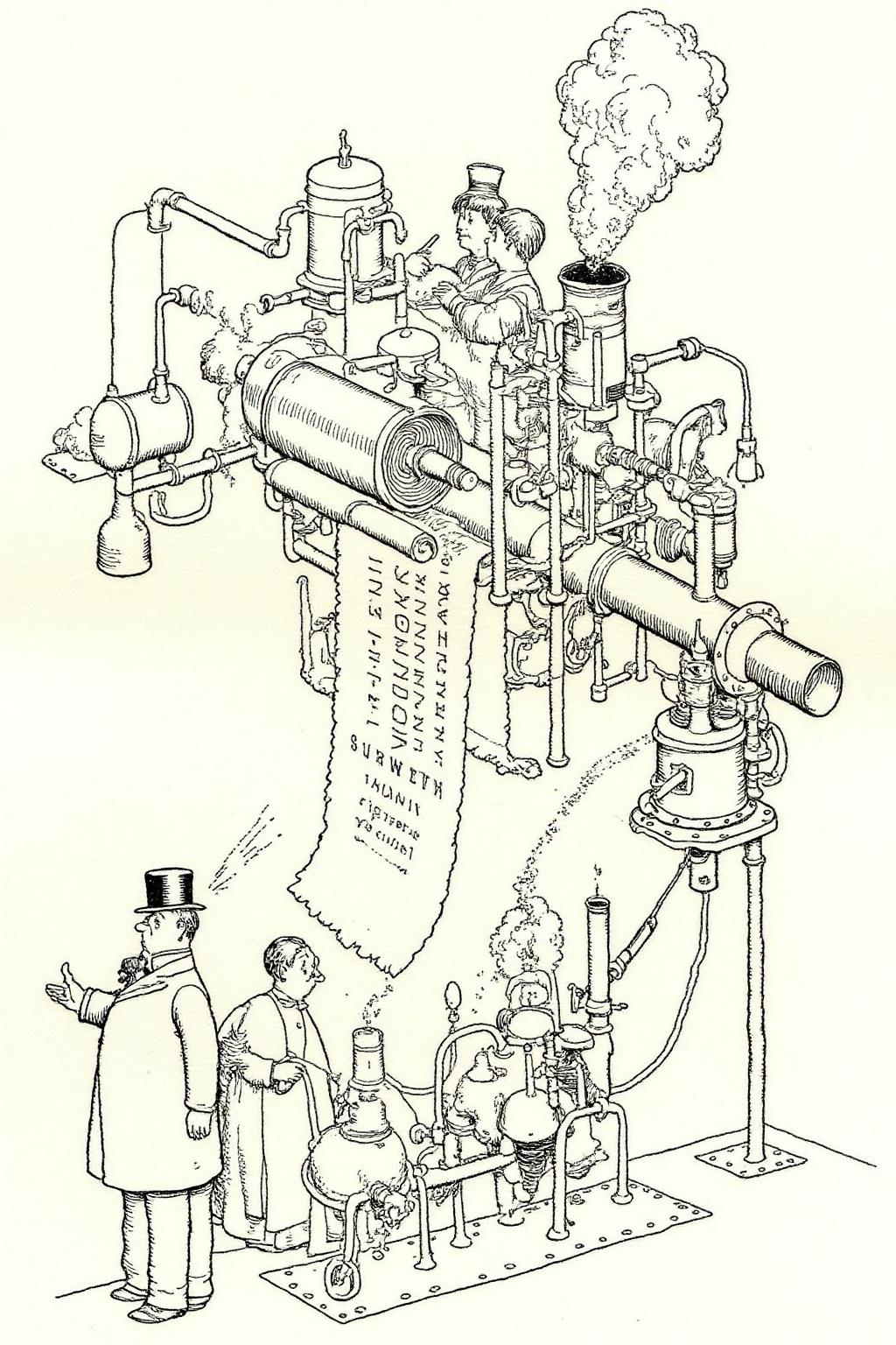 whrob1 illustration. 
A Heath Robinson-style illustration of an absurdly complex Victorian train ticket dispenser. The contraption includes dozens of brass tubes, rotating gears, and steam-powered bellows. Passengers in Victorian attire look confused as the machine produces an oversized ticket that unrolls like a scroll. A small steam engine drives the whole device, with clouds of steam rising into the air. <lora:whrob1_cap_d6a3e11:1.0><lora:828461610717897720:0>