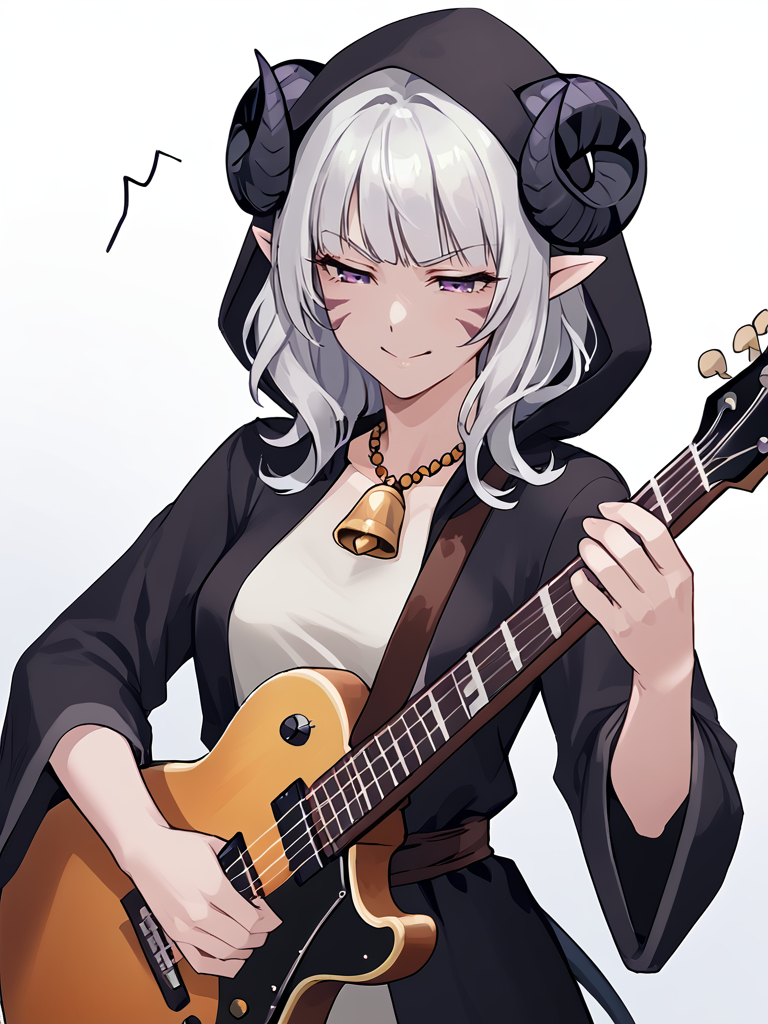 <lora:electric_guitar___playing_instrument:0.8> electric_guitar, playing_instrument,source_furry, score_7_up, rating_safe, cowboy shot, gold necklace, tiefing, short pointed ears, horns, (a pair of brown sheep Horns that begin at her temples and curve back: 1.5), bangs,long silver hair long wavy hair, pale skin,<lora:whisker_markings:0.8> whisker_markings , pointy ears, purple eyes:1.2, <lora:age_slider_v4:0.6>   medium breasts, skinny female, close up, silver hair <lora:Tieflingnew weird fantasyDND:0.3> Tiefling, pointed ears, horns, from above, angry, half-closed eyes:1.5, smile mouth:1.2,<lora:Smooth Style 2 SDXL_LoRA_Pony Diffusion V6 XL:0.5>  shepherd's crook, bell, robe, hood off, <lora:Nanoless_Artist_Style_PonyXL:0.3>