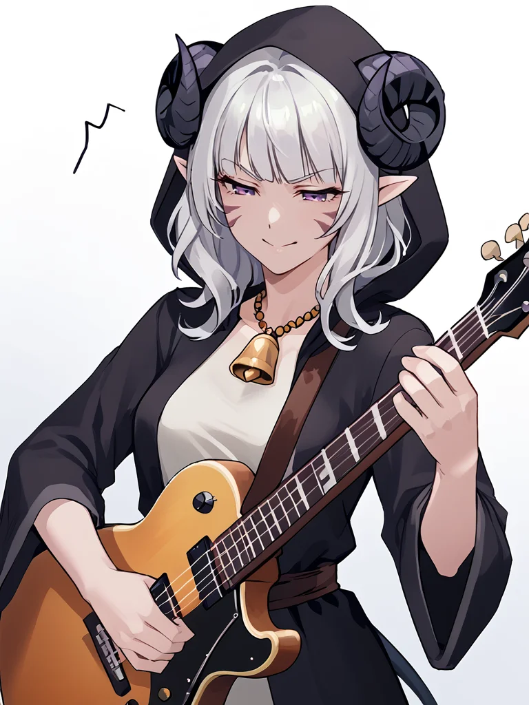 <lora:electric_guitar___playing_instrument:0.8> electric_guitar, playing_instrument,source_furry, score_7_up, rating_safe, cowboy shot, gold necklace, tiefing, short pointed ears, horns, (a pair of brown sheep Horns that begin at her temples and curve back: 1.5), bangs,long silver hair long wavy hair, pale skin,<lora:whisker_markings:0.8> whisker_markings , pointy ears, purple eyes:1.2, <lora:age_slider_v4:0.6>   medium breasts, skinny female, close up, silver hair <lora:Tieflingnew weird fantasyDND:0.3> Tiefling, pointed ears, horns, from above, angry, half-closed eyes:1.5, smile mouth:1.2,<lora:Smooth Style 2 SDXL_LoRA_Pony Diffusion V6 XL:0.5>  shepherd's crook, bell, robe, hood off, <lora:Nanoless_Artist_Style_PonyXL:0.3>