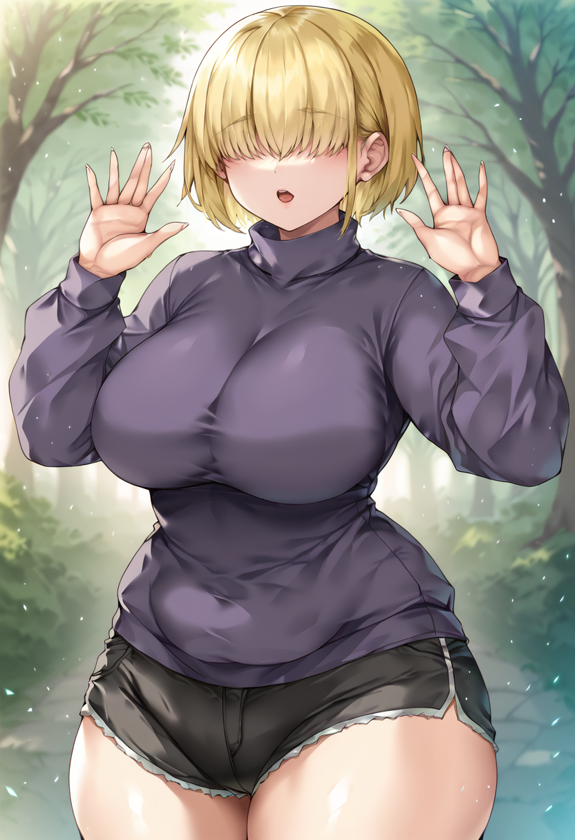 score_9, score_7_up,  1girl, 
huge breasts, wide hips, thick thighs, panties, hair over eyes, skindentation, short hair, long sleeves, purple sweater, meme, underwear, turtleneck, panty peek, open mouth, thighs, solo, curvy, covered eyes, alternate breast size, shorts, sweater, black shorts, impossible sweater, cowboy shot, impossible clothes, blonde hair, breasts, shiny skin, white panties, turtleneck sweater, hands up, panties under shorts, alternate costume, plump
 <lora:morizono_shiki-Style-PonyXL-GLoRA:1>