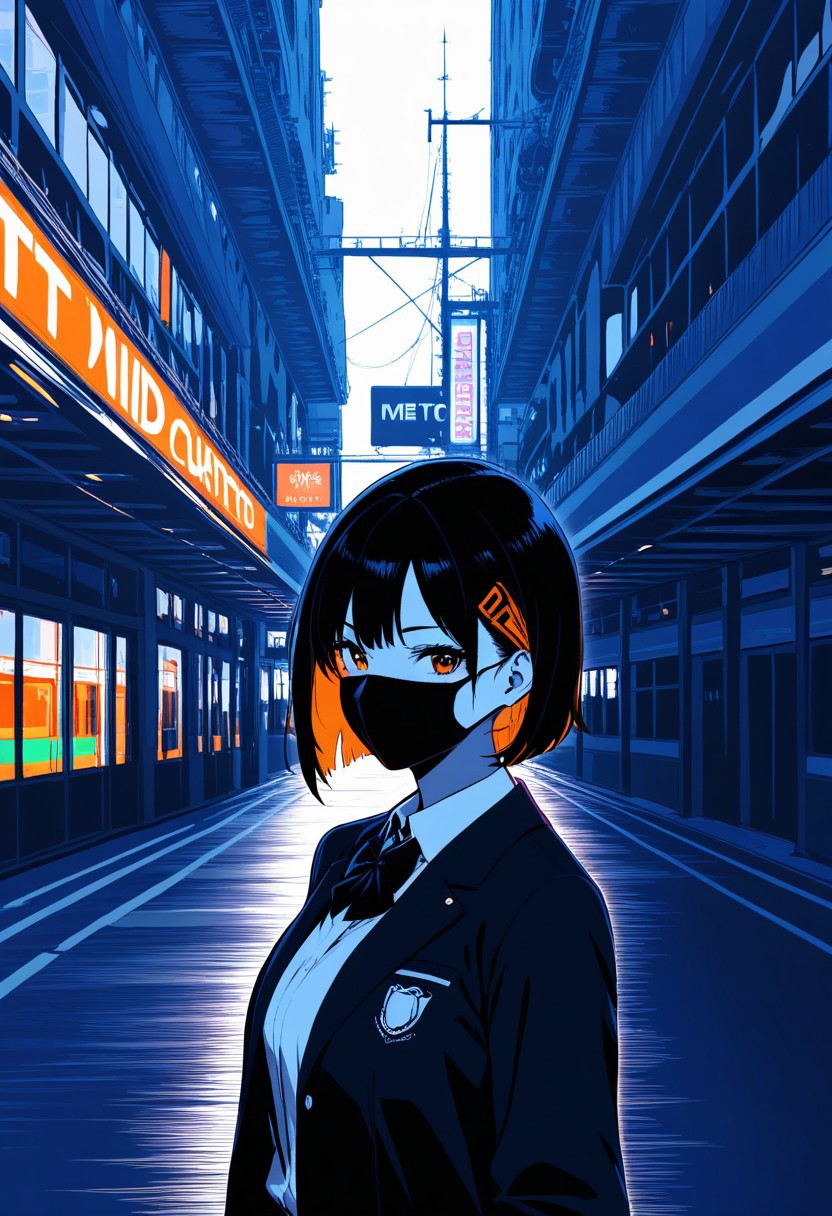 1girl, metro, Smooth_Quality, school uniform, vivid colors, face mask
