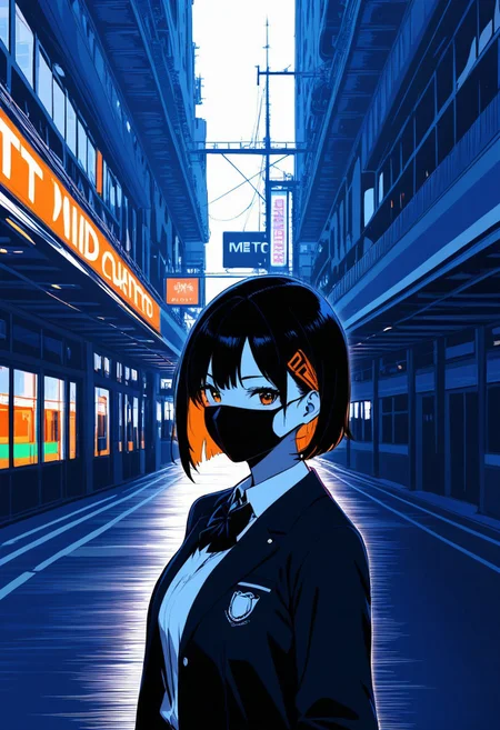 1girl, metro, Smooth_Quality, school uniform, vivid colors, face mask