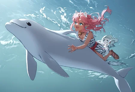 score_9, score_8_up, score_7_up, score_6_up, Masterpiece, source_anime, duo, 1 girl, 1 boy, vivid colors, shiny and glossy, high-res, beautiful aesthetic, very intricate, high-quality details, vibrant, highly detailed, award-winning, professional, <lora:pink-ponyxl-v2:1>, open mouth smile, single fang showing, sleeveless dress, white tiger print dress, pelvic curtain, cleavage, white cat ears, cat ears, white cat ears on head, cat bell necklace, long bright pink hair, long hair, hair is long, tanned, tanned skin, white tiger tail, red sash, small breasts, leather shoes, detailed eyes, green eyes, eyes wide, detailed face, BREAK score_9, score_8_up, score_7_up, score_6_up, Masterpiece, source_anime, 1 girl, 1 boy, vivid colors, shiny and glossy, anime style, high-res, beautiful aesthetic, very intricate, high-quality details, vibrant, highly detailed, award-winning, professional, <lora:link:1> link1, link, soft smile, pointy ears, blonde hair, blue eyes, medium hair, side locks, earrings, short ponytail, blue hylian tunic,
Break
dolphin, pink and link riding dolphins as they jump out of the water and into the air, link and pink riding a dolphin together, midair, riding on the back of dolphins, from side, side view, above water, ocean, holding top fin, (on top of dolphin), one hand in air, wide shot, far shot, zoomed out, full body, fun, horizon showing, sun, clouds, dolphinback riding, leaping out of water, splashing water