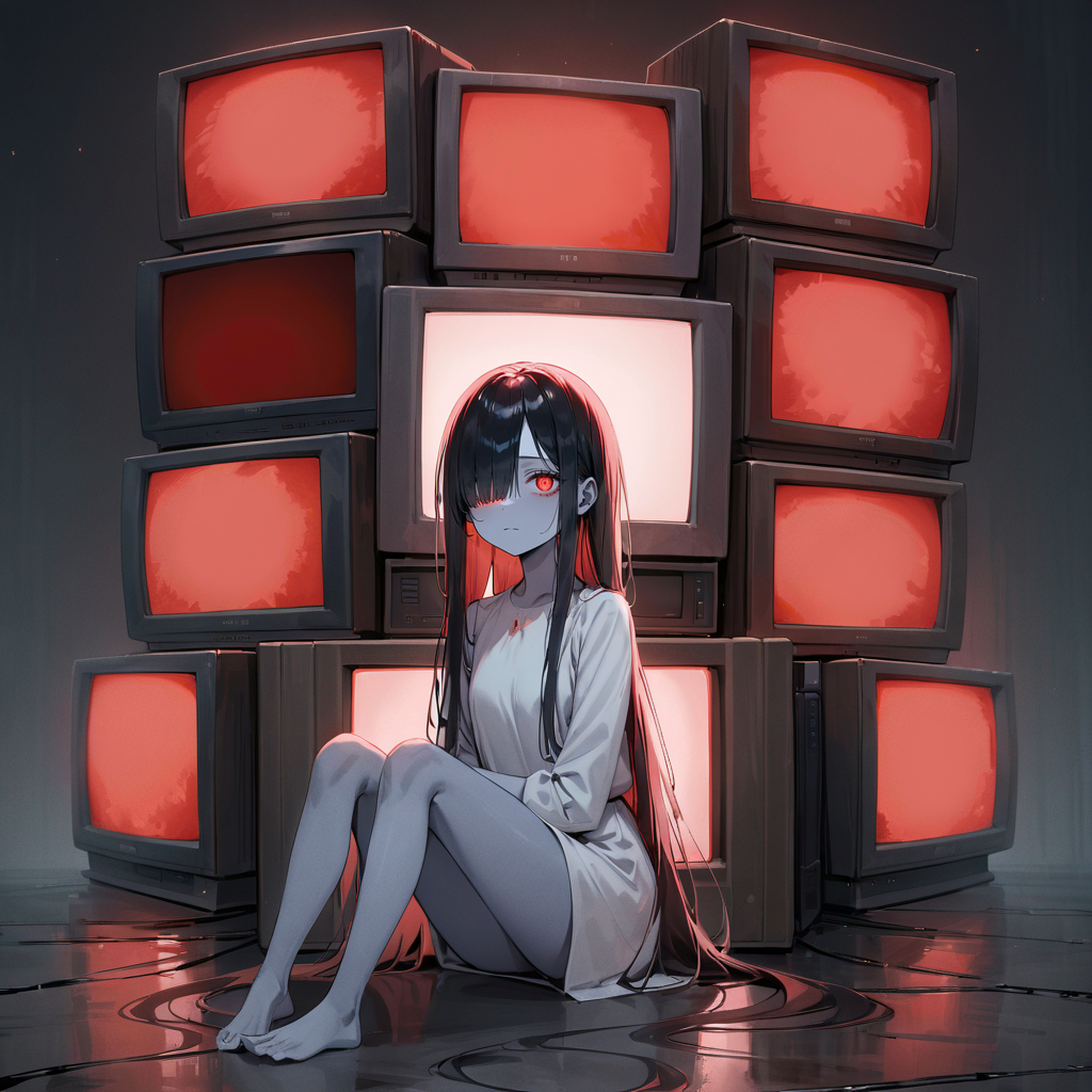masterpiece, best quality, very aesthetic, absurdres, horror \(theme\), realistic
Stacked CRT monitor, dark room, glowing screen, blue screen, shadow, black background, empty room, (red glowing screen:2), (yamamura sadako:1.2), black hair, long hair, straight hair, hair over one eye, gray skin, white spooky dress, simple dress, gray skin, expressionless, (black eyes:1.1), narrowed eyes,  barefoot, looking at viewer, 
<lora:Stacked_CRT:0.7>