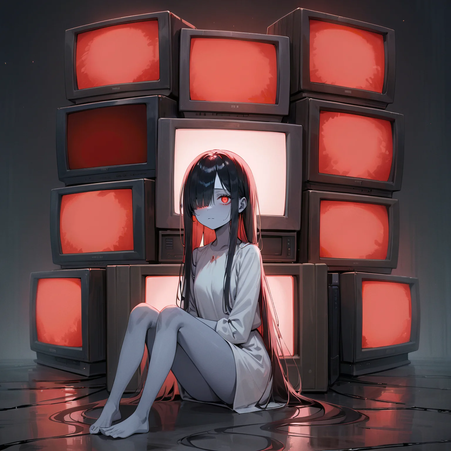 masterpiece, best quality, very aesthetic, absurdres, horror \(theme\), realistic
Stacked CRT monitor, dark room, glowing screen, blue screen, shadow, black background, empty room, (red glowing screen:2), (yamamura sadako:1.2), black hair, long hair, straight hair, hair over one eye, gray skin, white spooky dress, simple dress, gray skin, expressionless, (black eyes:1.1), narrowed eyes, barefoot, looking at viewer,
<lora:Stacked_CRT:0.7>