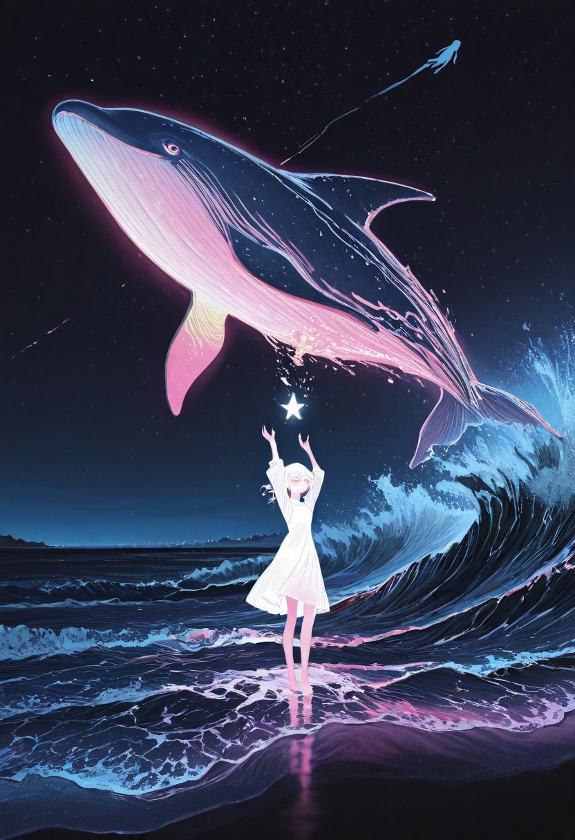 masterpiece, best quality, good quality, very awa, newest, highres, absurdres, 1girl, solo, dress, standing, white hair, sky, barefoot, white dress, water, arm up, arms up, night, ocean, animal, star \(sky\), night sky, scenery, starry sky, fish, wide shot, waves, oversized animal, whale, flying fish, limited palette, sketch, glowing, psychedelic, <lora:illustriousXL_stabilizer_v1.23:0.3> <lora:NOOB_vp1_detailer_by_volnovik_v1:0.3> <lora:ponyv6_noobE11_2_adamW-000017:0.3> <lora:114558v4df2fsdf5:1> <lora:mon_monmon2133:0.6>