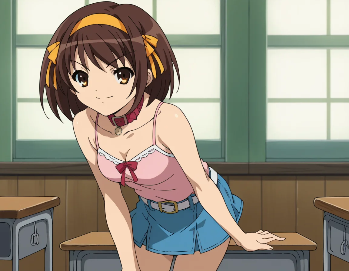 score_9, score_8_up, score_7_up, source_anime,
haruhisuzumiya, <lora:haruhi-suzumiya-s1-ponyxl-lora-nochekaiser:1>,
haruhi suzumiya, short hair, brown hair, brown eyes, hairband, medium hair, ribbon, hair ribbon,
skirt, casual, camisole, pink camisole, bare shoulders, collar bone, belt, white belt, skirt, denim skirt, short skirt,
indoors, classroom, bent over, smile,
looking at viewer, cowboy shot, solo,