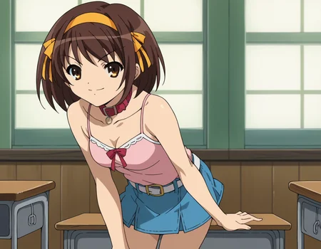 score_9, score_8_up, score_7_up, source_anime,
haruhisuzumiya,  <lora:haruhi-suzumiya-s1-ponyxl-lora-nochekaiser:1>,
haruhi suzumiya, short hair, brown hair, brown eyes, hairband, medium hair, ribbon, hair ribbon,
skirt, casual, camisole, pink camisole, bare shoulders, collar bone, belt, white belt, skirt, denim skirt, short skirt,
indoors, classroom, bent over, smile,
looking at viewer, cowboy shot, solo,