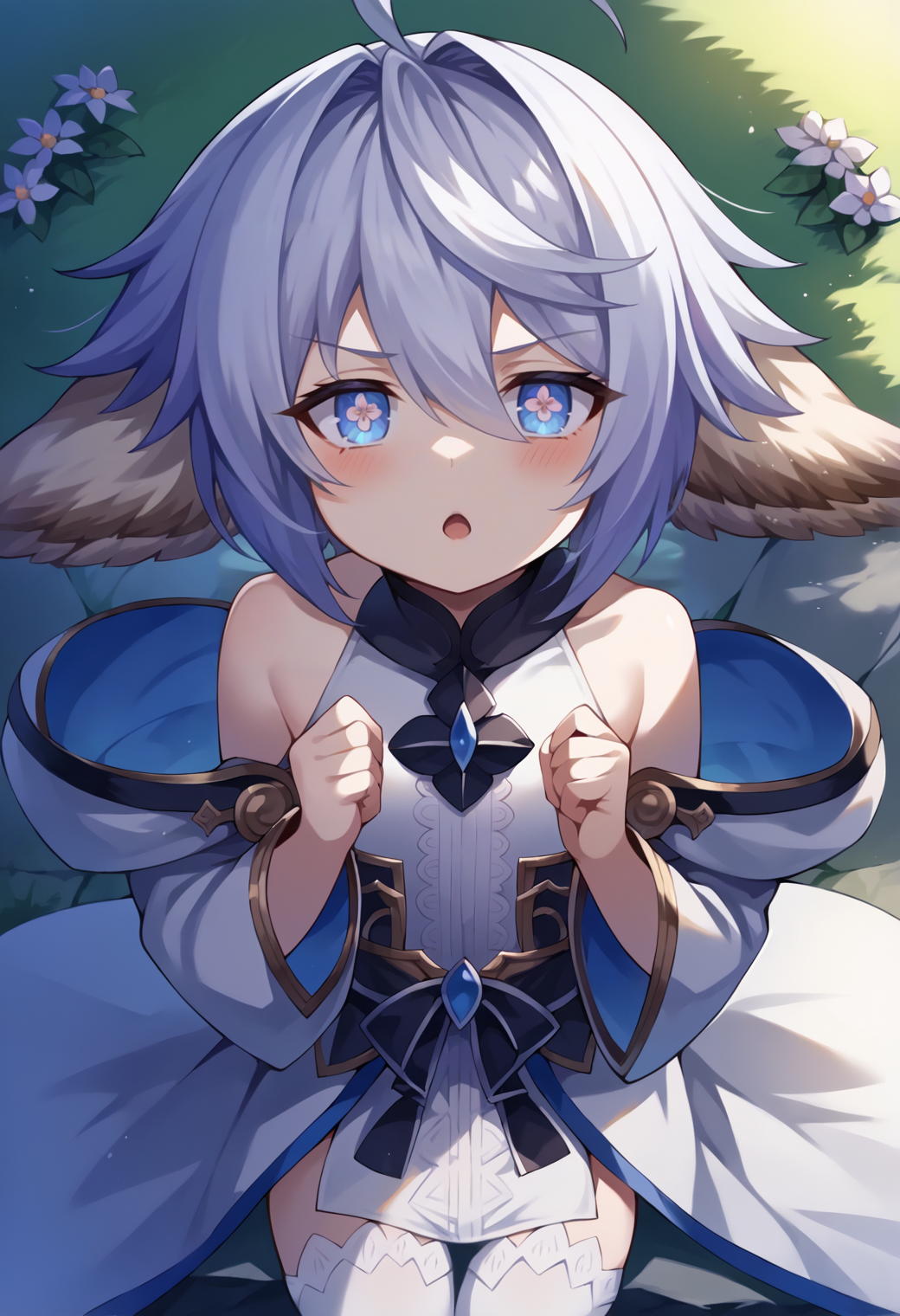 score_9, score_7_up, hd, (ultra hd quality details), source_anime, outdoors,
solo, 1girl, gbfwam, short hair, animal ears, ahoge, blue eyes, + +, flower-shaped pupils,
wamdef, white dress, bare shoulders, sleeveless, waist bow, open coat, gold trim, detached sleeves, wide sleeves, white thighhighs,
looking at viewer, blush, open mouth, serious,
sitting, from above, pov, hands up,
<lora:_wamdus_gbf-elesico-ponyA:1>