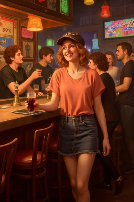 johncollier1 painting.
The air buzzes with the energy of a busy bar, a mix of music, conversation, and the clinking of glasses. A barmaid, the embodiment of youthful vibrancy, navigates the lively scene. She wears a peach-coloured T-shirt, the soft fabric contrasting with the smooth, cold glass of coke she carries on a small tablet. Her short skirt adds a playful touch, and a backwards baseball cap hints at a carefree attitude. The setting and atmosphere are palpable: the warm, slightly sticky surface of the bar counter under her fingertips, the dim, colourful lighting that casts playful shadows. Sensory details are abundant: the condensation forming on the glass of coke, the texture of her denim skirt, and the way the bar lights catch the highlights in her hair. Her confident stride, her quick smile, and her efficient movements. Stylistically, the image draws inspiration from the vibrant, candid shots of nightlife photographers, with a touch of the stylized realism found in contemporary illustration. There's a deliberate contrast between the barmaid's youthful energy and the slightly worn, lived-in atmosphere of the bar, creating a dynamic and engaging image. <lora:johncollier1_cap_d8a4e12:1.0><lora:850629027839348331:0>