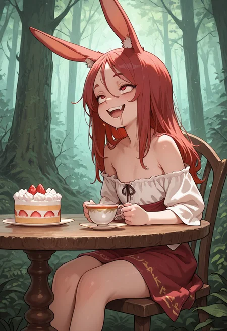 masterpiece, best quality, amazing quality,
rabbit girl, open mouth, vulgar smile, drooling, medium red hair, flat chest, petite, traveler's clothes,
tea time with big huge goblins, they are sitting at a tea table, cute cake,
fantasy forest in the background,