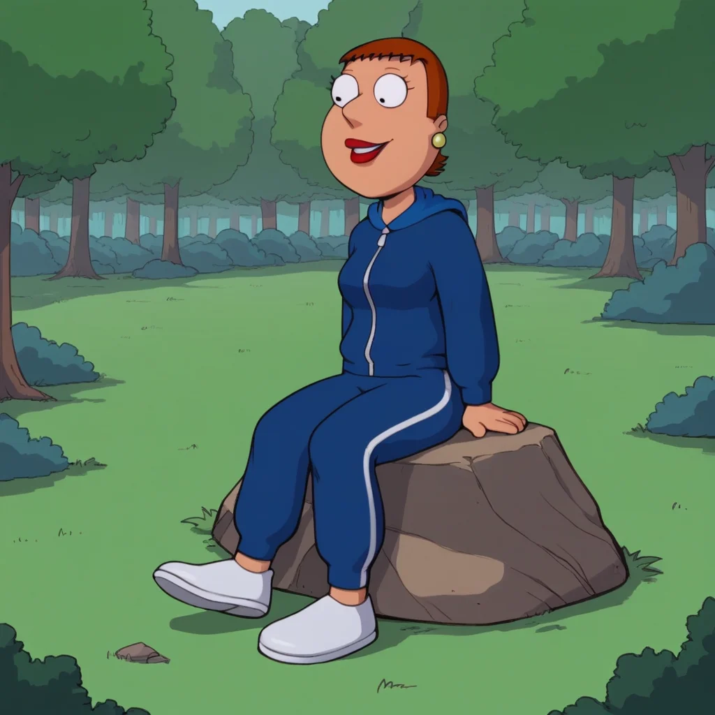 score_9_up, score_8_up, BREAK, Jennifer, 1girl, solo, brown hair, short hair, black eyes, lipstick, earrings, hoodie, pants, white footwear, sitting on rock, <lora:Jennifer_FamilyGuy_PXL_Leaf1:1>, outdoors, forest,