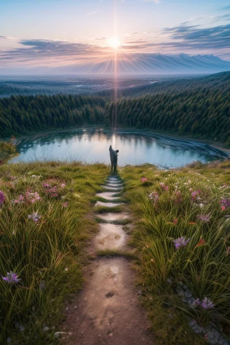 masterpiece, best quality, ultra-detailed, realistic, 8k, pine tree, flowers fields, many kinds of flowers, a couple of rabbits on very distant, lakes, meadows, glitter, daytime, sunlight, out-of-this-world scenery, lifelike, naturalism, greatest naturalism photo, immaculate detailed realism photography, rich colors, best colors perfect composition, perfect colors, colorful, clear photo, intrigue nature panorama, delicate nature photo, immaculate micro-details nature elements, (out-of-this-world scenery:1.23), beautiful landscape, beautiful flowers, crystal fantastic, breathtaking beautiful nature, unmatched beauty nature, more nature elements, rich nature elements, beach, (awards winning photography:1.37), trending on artstation, real life photo realistic, perfect proportion, aesthetic, artistic style, surreal, insanely lifelike, top best naturalism photography, greatest detailed, intricate nature details background, depth of field, no human, detailerlora,