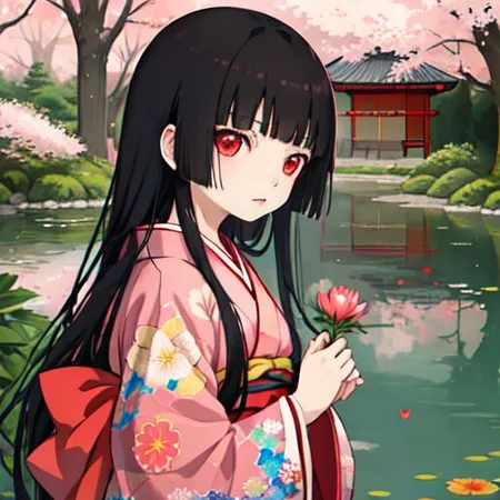 enma_ai 1girl, solo, hair down, hair black, bangs hair, eyes red, kimono, underlayer kimono, ornamental hairpun, obi sas, night, village, (masterpiece), 1girl, living in a floating house, pond, flowers on pond, beautiful scenery <lora:iori1:1>