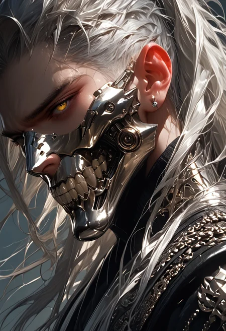 score_9, score_8_up, score_7_up, masterpiece, realistic skin, dark theme, dark shot, white palette, light blue palette, daisies theme, (male focus), portrait, unique angle, side view, (twilight), (1boy), adult, masculine, (muscule:0.3), long hair, white hair, straight hair, yellow eyes, mouth slightly open, shiny skin, mask, chrome, chrome scale armor, head up, looking at viewer, (simple background), dutch angle, highres textures, Expressiveh