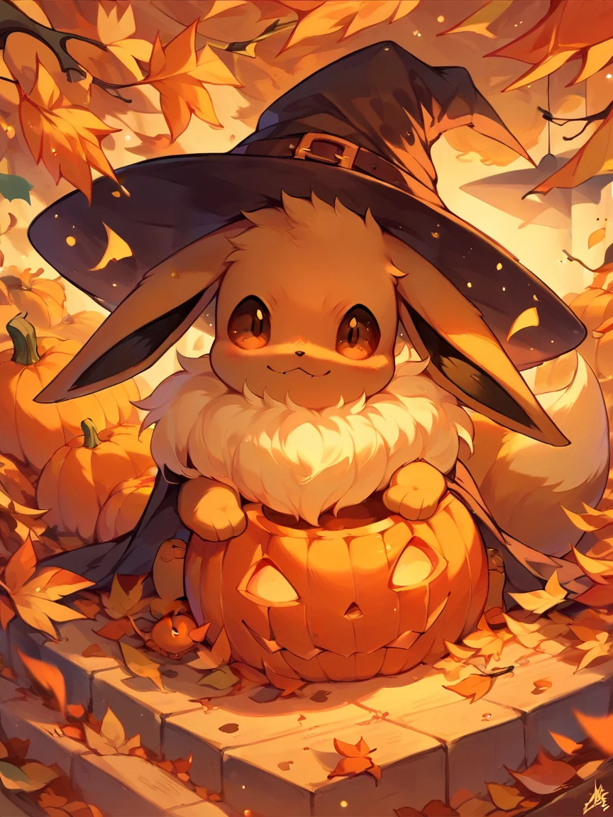 score_9, score_8_up, score_7_up, score_6_up, score_5_up,   <lora:halloweenpokemonXLP:1> halloween pokemon, no humans, pokemon (creature), halloween, jack-o'-lantern, witch hat, autumn leaves, eevee