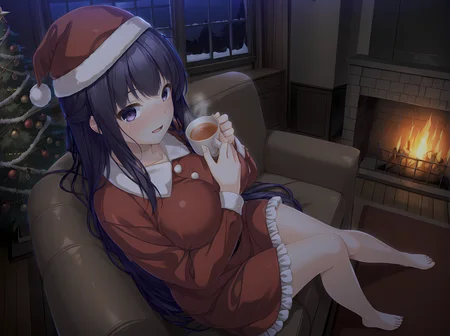 indoors,parted lips,christmas,santa hat,santa costume,frilled dress,fireplace,living room,gift,christmas tree,christmas lights,winter,escude,breasts,long hair,large breasts,black hair,purple eyes,very long hair,standing,indoors,blush,smile,<lora:Kagami_Shura_-_Illustrious:1>,barefoot,school outfit,looking at viewer,window,moonlight,night,on back,sitting,cup,tea,drinking,on couch,facing fireplace,warming,, masterpiece,best quality,amazing quality,