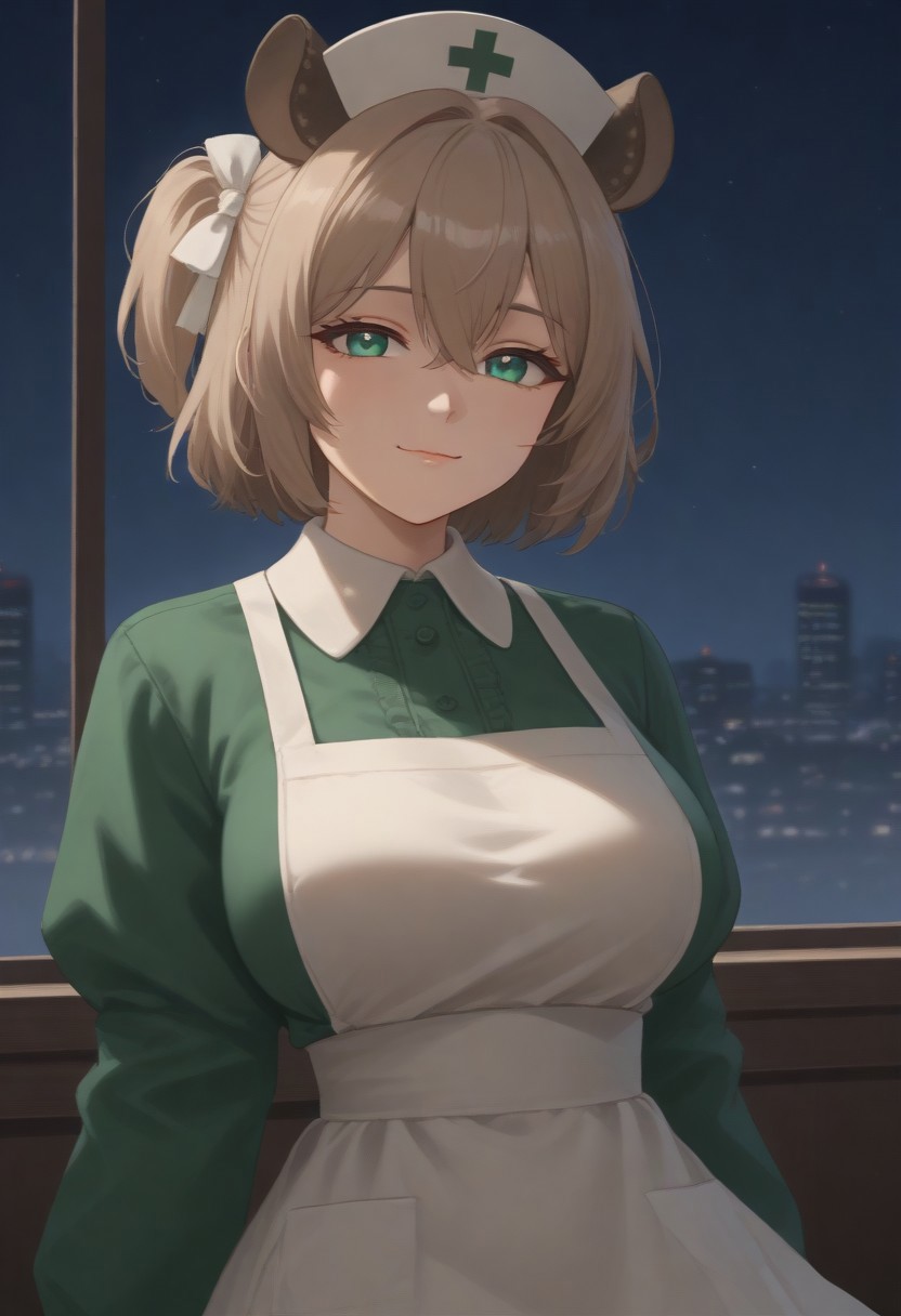 1girl, solo, solo focus, highres, absurdres, NimiNightmare, nurse cap, green eyes, bangs, animal ears, brown hair, hair between eyes, short hair, one side up,
large breasts, white apron, green dress, long sleeves, collared dress, puffy sleeves, white thighhighs,
looking at viewer, closed mouth, smug, head tilt, from side, 
cityscape, neon lights, window, dark, night, night sky, light particles, backlighting,