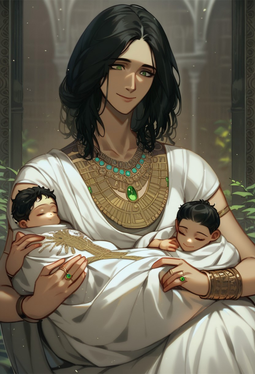 Prompt: score_9, score_8, score_7, 1girl, baby, baby carry, blanket, black hair, blouse, green eyes, bracelet, carrying, ancient greek amazonian outfit, fantasy, holding person, jewelry, lioreo, looking at the baby, medium hair, mother and son, necklace, closed mouth smile, original, rhea (lioreo), ring, shirt, short sleeves, sitting, skirt, sleeping, wariza, white dress, white toga, chiton, zeus (lioreo)