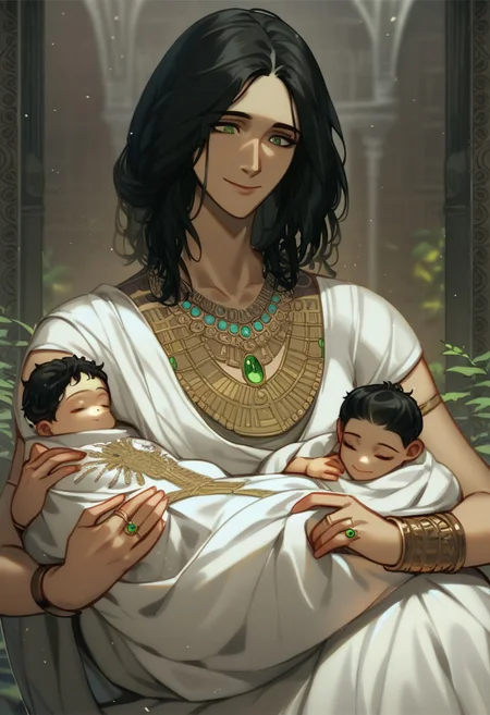 Prompt: score_9, score_8, score_7, 1girl, baby, baby carry, blanket, black hair, blouse, green eyes, bracelet, carrying, ancient greek amazonian outfit, fantasy, holding person, jewelry, lioreo, looking at the baby, medium hair, mother and son, necklace, closed mouth smile, original, rhea (lioreo), ring, shirt, short sleeves, sitting, skirt, sleeping, wariza, white dress, white toga, chiton, zeus (lioreo)