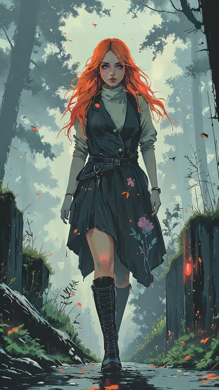 High-resolution anime-style illustration with impressionistic influences, soft, painterly brushstrokes blending cool hues, atmospheric depth, and gentle morning light. A young woman walks through a misty forest path at dawn, soft fog rolling over the dewy grass as the first light of the sun filters through towering trees. Her long, wavy orange hair is styled into a loose side braid, strands glistening with tiny droplets of moisture, her violet eyes reflecting the quiet beauty around her. Her expression is calm yet curious, lips slightly parted as she exhales into the crisp air. She wears a layered turtleneck sweater beneath a fitted vest, paired with a flowing, ankle-length skirt with subtle floral embroidery, knee-high lace-up boots crunching softly against the damp earth. She gently lifts the hem of her skirt as she steps over a mossy root, her fingers lightly brushing the rough bark of a nearby tree. The path ahead fades into the dense fog, while the faint calls of birds echo in the distance, their silhouettes barely visible against the pale morning sky. Painterly soft blues, muted greens, and warm grays, evoking a serene, mysterious, and dreamlike atmosphere <lora:RM_Illustrify_v1.0M:0.8> <lora:style_of_Alena_Aenami_FLUX_326_r1:1.3>