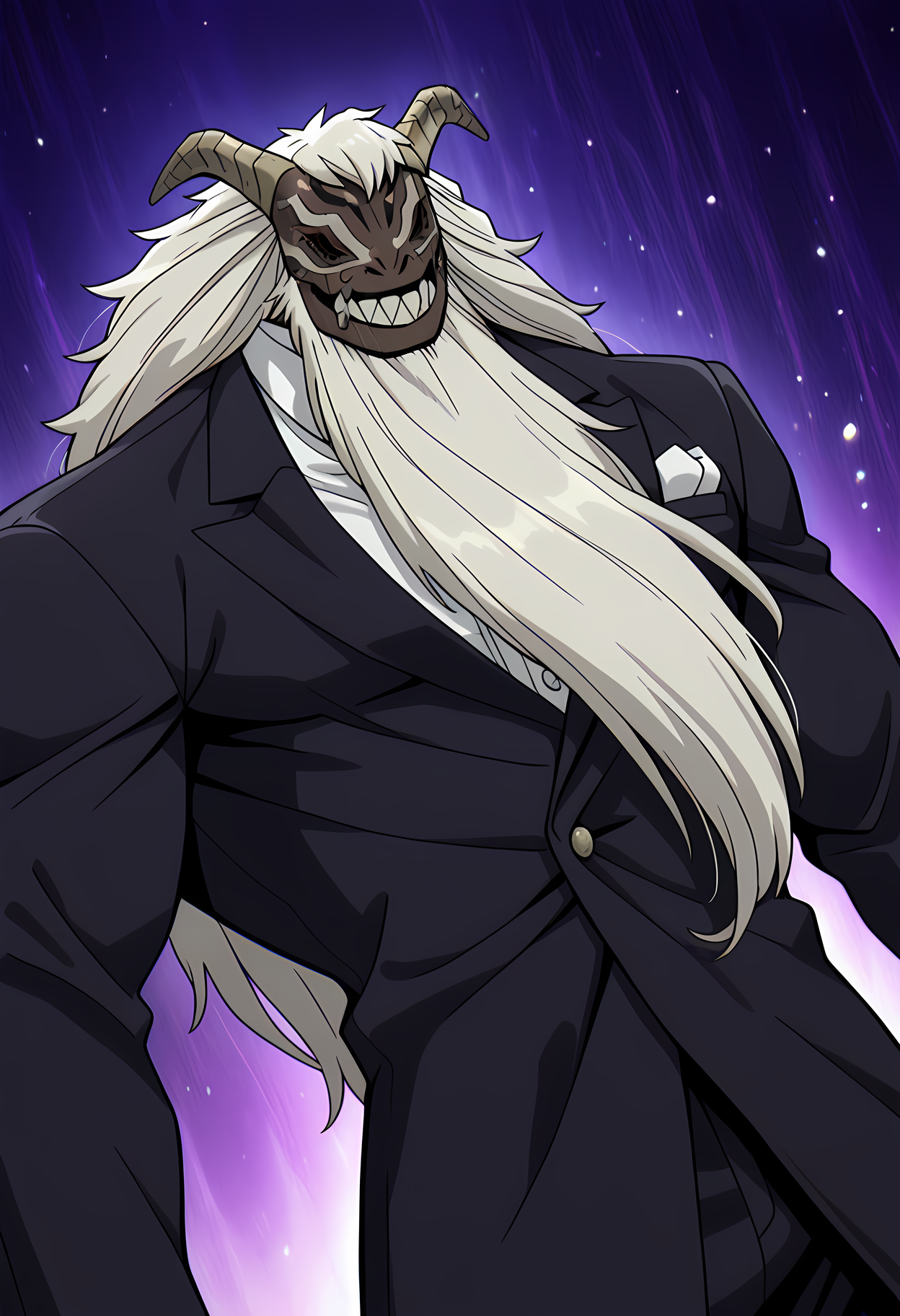 masterpiece, best quality, amazing quality, dutch angle, abstract background, BREAK
solo, male focus, 1boy, bje_qual, monster, brown body, horns, white hair, long hair, beard, tuxedo, formal, BREAK
 <lora:Qual_-_Frieren_-_ILXL:1>